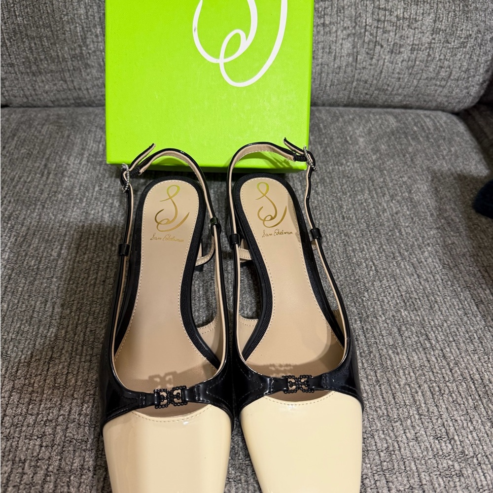Sam Edelman Tarra 2 Black & Ivory Patent Leather Slingbacks - Size 7.5